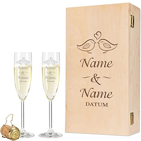 GRAVURZEILE Leonardo gravierte Sektgläser - Kissing Birds Design - personalisiert mit Namen & Datum - inkl. Vintage-Holzkiste - Geschenk zur Hochzeit, Verlobung & Jahrestag für Sie & Ihn