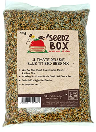 Blue Tit Bird Food Seed Mix 750g - Seedzbox Deluxe Bluetit Wild Bird Food - Ideal For Blue Great Coal Crested Marsh and Willow Tits - Sunflower Hearts Suet and Multi Seeds Feed