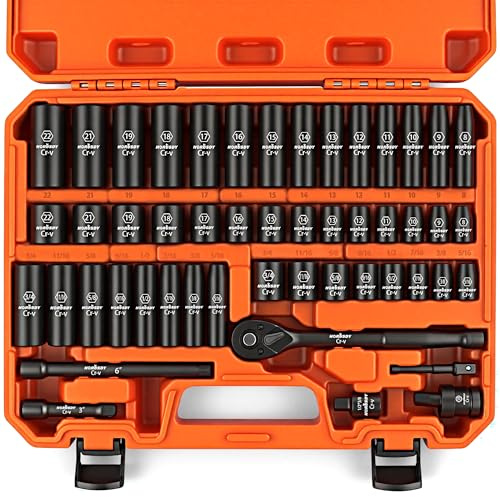 HORUSDY 50-Piece 3/8 Drive Impact Socket Set, Standard SAE (5/16 to 3/4 inch) and Metric (8-22mm) Size, 6 Point, Cr-V, 3/8-Inch Drive Ratchet Wrench, Drive Extension Bar, Impact Universal Joint
