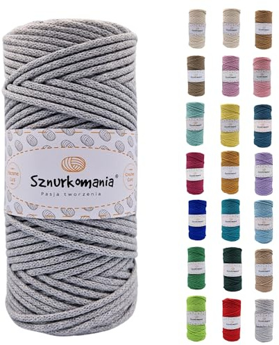 Sznurkomania, Cordoncino di cotone 3 mm 100 m, 46 colori, cordoncino in cotone intrecciato 3 mm, corda macramè, filato macramè, filato di alta qualità, corda macramè (grigio)