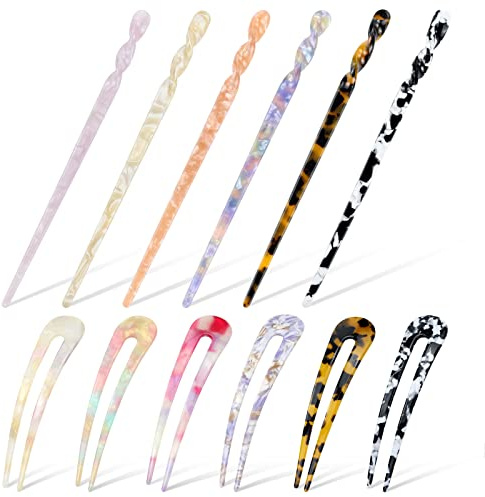Dizila 12 Pack Retro Vintage Chinese Leopard Print Acetate Hair Sticks Chopsticks Forks & Tortoise Shell U-shaped Hair Pins Accessories for Women Girls Updos Buns