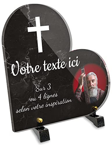 OCAP-FUNERAIRE.COM Plaque funéraire Coeur avec Photo Personnalisable en plexi Motif Croix Chrétienne, différentes Tailles, épaisseur 6mm, personnalisée sur Plusieurs Lignes 20x20 cm