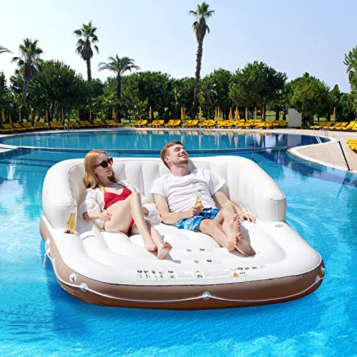 S AFSTAR 2 Person Inflatable Floating Island with UPF50+ Detachable Canopy, Giant Pool Float Lounger with 2 Cup Holders, 440 Lbs Capacity 71x71 Heavy Duty Floats for Pool Lake Beach Adults