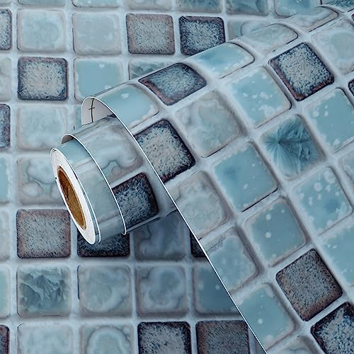 Yullpaper Thick Blue Wallpaper Washable Mosaic Tiles Self Adhesive Wallpaper Peel and Stick Blue Kitchen Bathroom Waterproof Wallpaper Vintage Mosaic Patterned Sticky Back Plastic Roll 40cm X 300cm