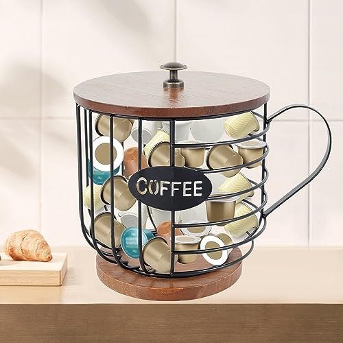 Deuson Porta cialde caffè con base in legno, capacità, per riporre filtri da caffè con maniglia, gabbie per capsule di caffè in metallo, contenitore per cialde da caffè rotondo per piano di
