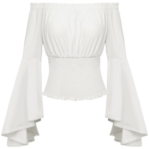 SCARLET DARKNESS - Camicetta da donna rinascimentale, spalle scoperte, maniche lunghe a sbuffo, medievale, con pince, blusa pirata, bianco, XL