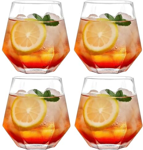 BEVKAF Verres à Whisky Diamant, Verre à Whisky 300 ML, gobelet à jus d'eau, Verre à Scotch incliné (Lot de 4 Transparents)