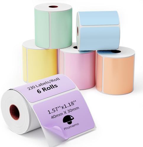 Phomemo 6 Rollen M110 M220 Etiketten Bunte Farben, 40x30mm, 1380 PCS | Phomemo Wasserfestes Selbstklebendes Thermo Etiketten für M110/M220/M108/M221, für Schule, Heim, Büro, Bunte Farben