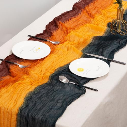 XJJDCB Camino de mesa de estopilla, camino de mesa de tela de queso amarillo degradado y dorado, camino de mesa transparente de 120 pulgadas de largo, versátil camino de gasa con arrugas, para