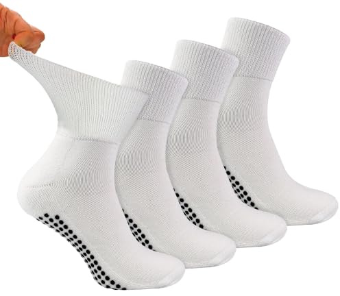 Dr.Socks 4-pack bambu diabetiker ankelstrumpor med grepp | Herr & Dam | Extra breda strumpor för svullna fötter och ben, Vitt, 40-42 EU