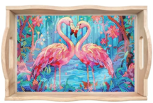 CXINLky Bandeja de madera con asas, pintura de diamantes, pintura de diamantes, bandeja de madera para servir con asas, pintura de diamantes, arte de cristal, bandeja de madera, bandeja de cocina, 01