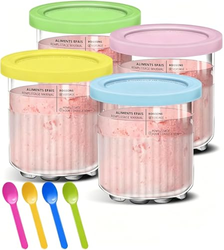 4 Pack Ice Cream Containers with Lids Spoon for Ninja Ice Cream Maker NC500 NC501, Dessert Pint Tubs for Ninja Creami Deluxe Containers Hold 24 Ounces of Food, Clear dessert Tubs Dishwasher Safe