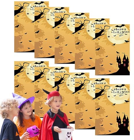 Halloween- -Einladungskarten,Halloween- -Einladungskarten,Fledermausmuster & Horrorkarten - 10 Stück gruselige Cartoon-Schlosskarten im Vintage-Stil mit Totenkopf- und Spinnennetz-Design für S