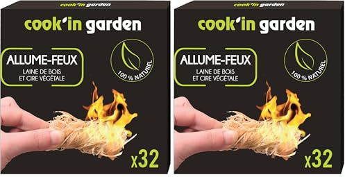 Cook’in Garden - Allume-Feu, Boîte 32 Cubes en Laine de Bois FSC® 100%, sans Odeur et Inodore, Allumage Facile pour Barbecue, Brasero, Poêle ou Cheminée, Utilisation Extérieure (Lot de 2)