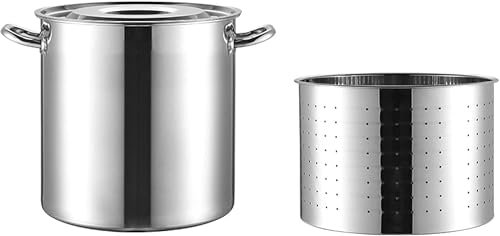 Großer Suppentopf aus Edelstahl mit Korb – Fritteuse für Truthahn, Meeresfrüchte, Langusten, Dampfgarer mit Deckel und verschweißten Griffen zum Kochen im Freien und Brauen zu Haus