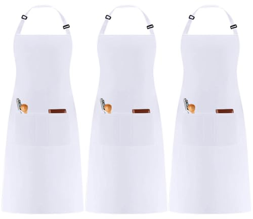 umboom 3 Stücke Weiß Kochschürze, Verstellbare Küchenschürze mit 3 Taschen für Herren Frauen, Gastronomie Arbeits Schürze für Kellner Chef Friseur Barista Backen Bar (Polybaumwolle - Weiß)