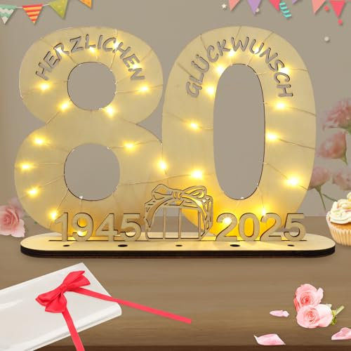 Seutgjie Deko 80 Geburtstag Frau Mann, Geldgeschenke Geburtstag 80 Originelle Holz Schild Gästebuch mit LED Lichterkette für Männer Frauen Jubiläum Tischdeko 1945-2025