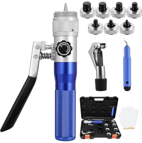 TZTTGS HVAC-Hydraulikrohr-Aufweiter, kompaktes Presswerkzeug-Set mit Rohrschneider, Entgratungswerkzeug und 7 Aufweiterköpfen für Kupferrohre von 3/8 bis 1-1/8 Zoll