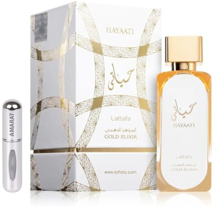 Perfume Hayaati Gold Elixir 100ML, Perfume Árabe de Larga Duración, Eau da Parfum Unisex Importado desde Dubái, Incluye Atomizador Recargable 5ML, Fragancia de Lujo con Ámbar y Vainilla (Gold Elixir)