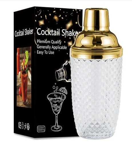 Dzmuero Cocktail shaker, Cocktail mixer, Shaker edelstahl cocktail, Cocktail shaker glas, Glasmixer, Edelstahl-Deckel, mit Filterschicht, versiegelt und langlebig, für Haus und Bar (Gold 2)