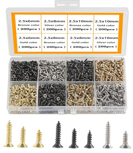 HVDHYY M2.5 Kleine Schrauben set,Holzschrauben Selbstschneidende Schrauben 6mm 8mm 10mm Flat Head Screws für DIY-Projekt, Reparatur 1600pcs Golden Silberne Schwarz