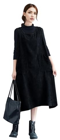 LAEMILIA Cord Dresses for Women UK Ladies Corduroy Pinafore Dress Oversized Sleeveless Dresses with Pockets Cute Fall Winter Spring Plus Size Clothing M-XXL/UK 8-18 Black