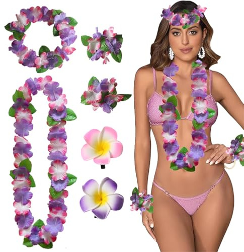 AUEFUDQ 6 Pcs Hawaiiketten Hawaii Blumen Kette Blumenketten Hawaiian Kette Haarband Armbänder Grasrock Party Kostüm Zubehör Blumenkette Für Karnevals Weihnachten Neujahr Cheerleading Strand Hochzeit