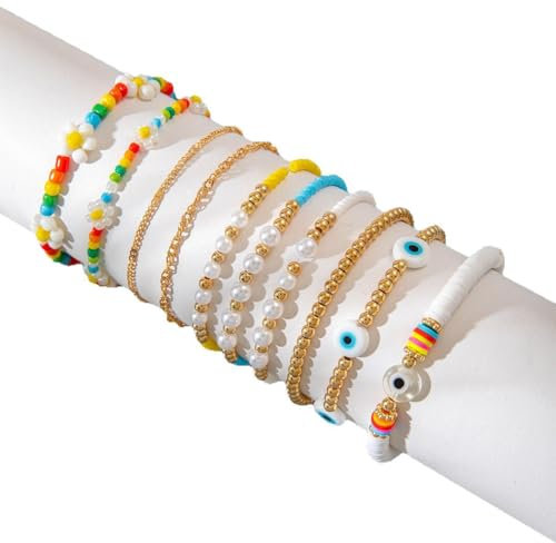 PYEUIFT 10 Pièces Bracelet BohèMe, Bracelet œIl du Diable, Bracelet D'éTé en Perles Fait Main, Bracelet en fil éLastique, Bracelet de Perles Multicouche Coloré pour Femmes, Dames et Filles