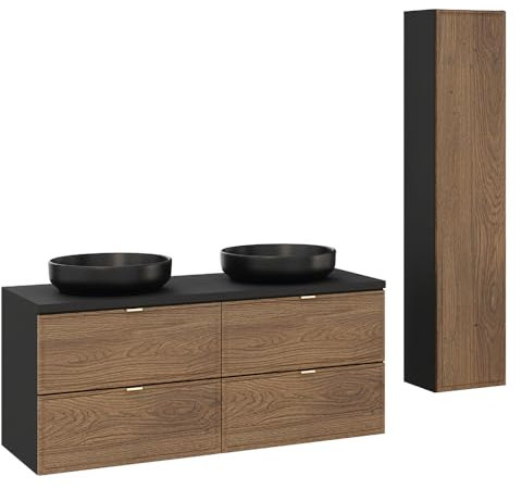 Lomadox Badmöbel-Set 2-teilig mit 120 cm Doppelwaschtisch und Hochschrank in Eiche und schwarz, 2 Aufsatzwaschbecken schwarz