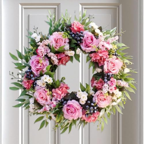 JOYWU Pink Rose Wreath for Front Door,45cm Artificial Flower Wreath with Berries,Wild Flowers,Daisy and Green Leaves,Colorful Summer Floral Wreaths for Wall Window Fireplace,Wedding Party Decor