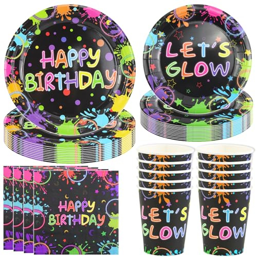 Hmfmdy Set di Stoviglie per Feste al Neon Happy Birthday, 50 pezzi di Decorazioni Colorate per Feste Luminose, Forniture Stoviglie per Compleanno con Piatti di Carta, Bicchieri e Tovaglioli 10 Ospiti