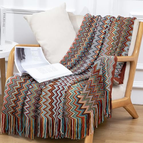 Blausky Strick Sofadecke mit Quaste,130x180cm Strickdecke Kuscheldecke Couchdecke Wohndecke Weich Gestrickte Decke überwurf Boho Dekorative Decke für Couch Sofa Stuhl Bett,Rot A