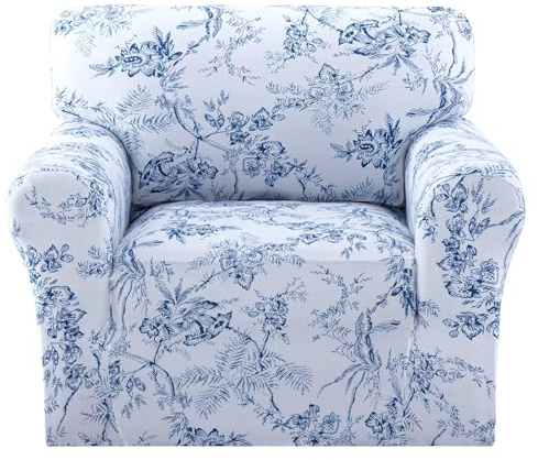 H.VERSAILTEX Printed Chair Covers for Living Room Floral Pattern Sofa Slipcovers Stretch Couch Covers Washable Couch Protector for Dogs(Garden Bliss-Blue,Chair)