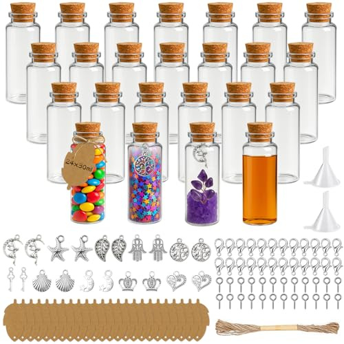 Ferenando 24 Pezzi Vasetti Vetro Piccoli, 30ml Bottigliette di Vetro Piccole con Tappi Sughero & Pendenti, Set di Boccette con Tappo Sughero, Bomboniere Matrimonio per Regalo Feste Decorazione (30ml)