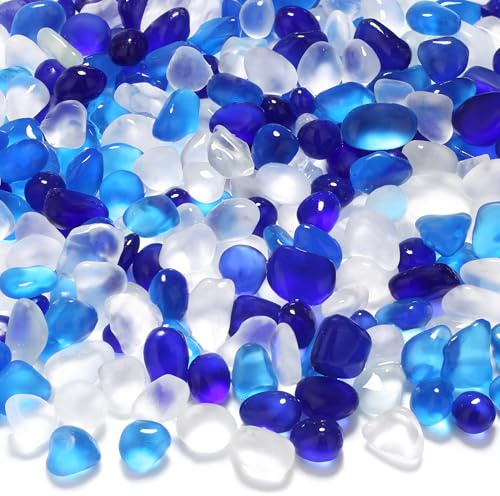 MAIBAOTA Blue Frosted Sea Glass Pebbles | Small Decorative Stones for Fish Tank Gravel Vase Fillers DIY Crafting Home Decorations 0.85LB (385g)
