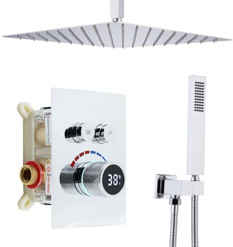 Delnet 16-Inch Luxury Ceiling Shower Mixer Set – Rain & Handheld Shower with LED Digital Display Shower Valve, Can be Used simultaneously, Chrome