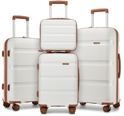 Kono Juego de Maletas de Viaje 4 Piezas PP - Equipaje con Ruedas 360° Silenciosas, Candados TSA e Incluye Estuche de Cosméticos para Toda la Familia (Crema/Marrón)