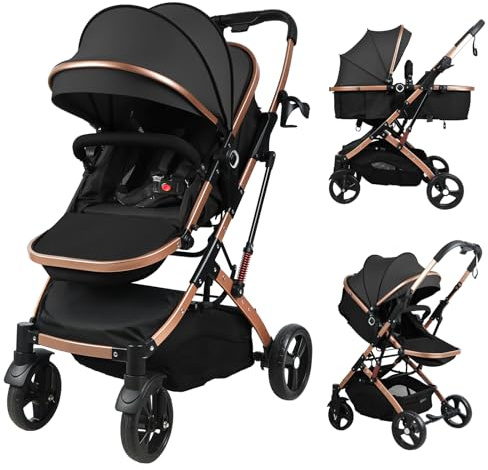 Cochecito convertible 2 en 1 con capazo, asiento reversible, cochecito plegable alto, capacidad de 40 kg, cochecito todoterreno para recién nacidos hasta 3 años, color negro
