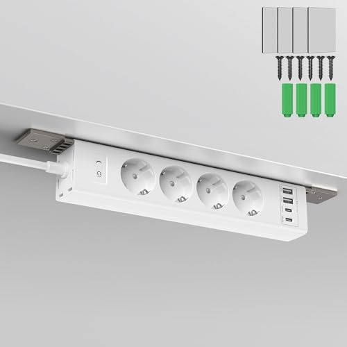4-Fach Steckdosenleiste zur Untertischmontage,2USB-C (PD20W)+2USB-A(QC3.0 18W),4000W Mehrfachsteckdose Untertisch montierbar mit Überlastschutzschalter,Unsichtbare Kabelmanagement-Lösung,2m Kabel
