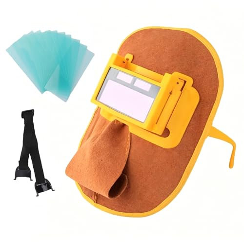 Uadme Leder Schweißhelm mit Automatischer Abdunkelung, Klappbare Schweißmaske für Wig/MIG Schweißen leichtgewichtig, Inklusive 10 Ersatzschutzscheiben Schweißbrille für Schweißer