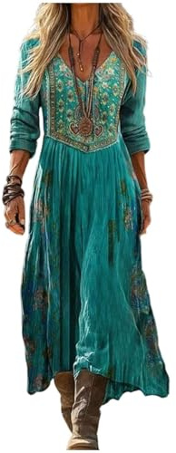 Vestito Lungo Donna Boho Chic Abito Maxi Elegante in Lino e Cotone Scollo a V Manica 3/4 Vintage Etnico con Tasche per Mare Spiaggia Vacanza Taglie Forti Comodo Moda 2026