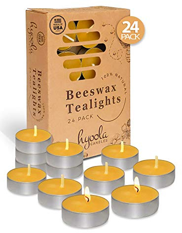 Hyoola Beeswax Tealight Candles in Aluminum Cup - 24 Pack - 100% Pure Natural Beeswax Candles