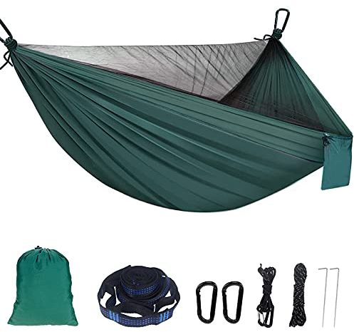 Sendowtek Hängematte Outdoor mit Moskitonetz, 290 x 140 cm Fallschirm Nylon 300kg Belastbarkeit, Ultraleichte Reise Camping Hängematte für Balkon Patio Garten Verwendung(Armeegrün)