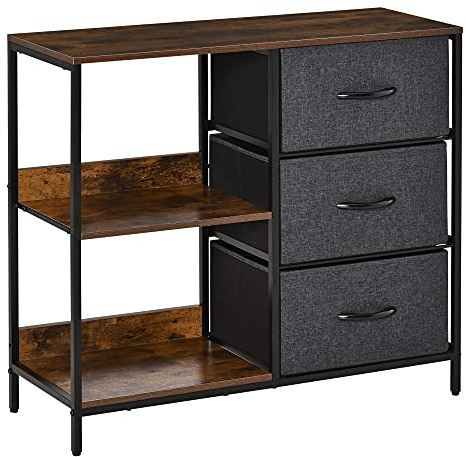 HOMCOM Cajonera de Tela Estrecha 3 Cajones Marrón Rústico y Gris Oscuro | Cómoda de Tela, Cajones Plegables, 2 Estantes Abiertos, Amplia Encimera, para Dormitorio Salón y Pasillo