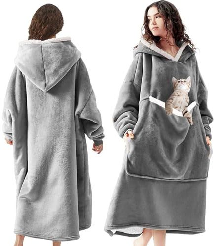 auvstar Manta de Sudadera Gigante con Capucha, Manta de Gran Tamaño Sudadera con Capucha Sherpa con Bolsillo Frontal, Suave Cálida Cómoda, Talla Única para Hombres, Mujeres, Adolescentes (Gris)