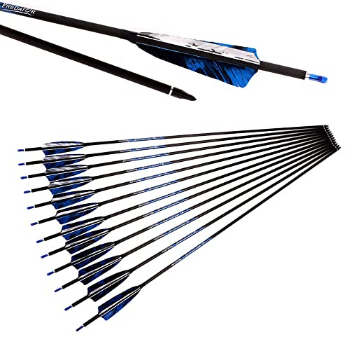 ACCMOS 12 Stück Spine 250 300 340 400 500 600 700 800 Pfeil aus Reinem Kohlenstoff ID 6,2 mm 28-33 Zoll Jagdpfeil 4 CamoTurkey Feder, für Erwachsener Junge Bogensport