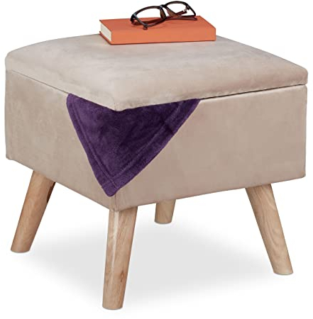 Relaxdays Samthocker mit Stauraum, gepolstert, eckig, mit Holzbeinen, Wohnzimmer Sitzhocker, HBT: 40x40x40 cm, Creme