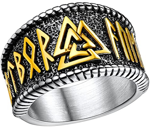 FaithHeart goldener Viking Rune Fingerring in Größe 57 für Herren Männer Wikinger Stil Rune Ring in Valknut Design für Freunden Ehemann