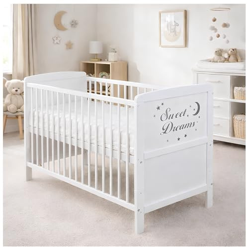 Baby Delux Babybett Kinderbett umbaubar zum Juniorbett weiß 140x70 Matratze mit Motiv Sweet Dreams (mit Schaumstoffmatratze 140x70x6 cm)