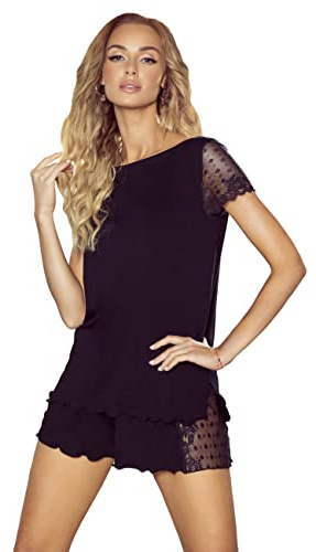 Selente Sweet Dreams Nicola Pigiama Corto alla Moda/Shorty (Made in EU) Maniche Corte, Shorty Pizzo Nero, Taglia 42